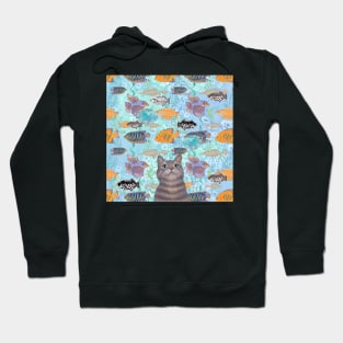 The fish thief - cute cat aqua pattern Hoodie